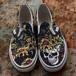 Vans Kids Slip-On Sneakers - Black and Yellow Sunflower Skull